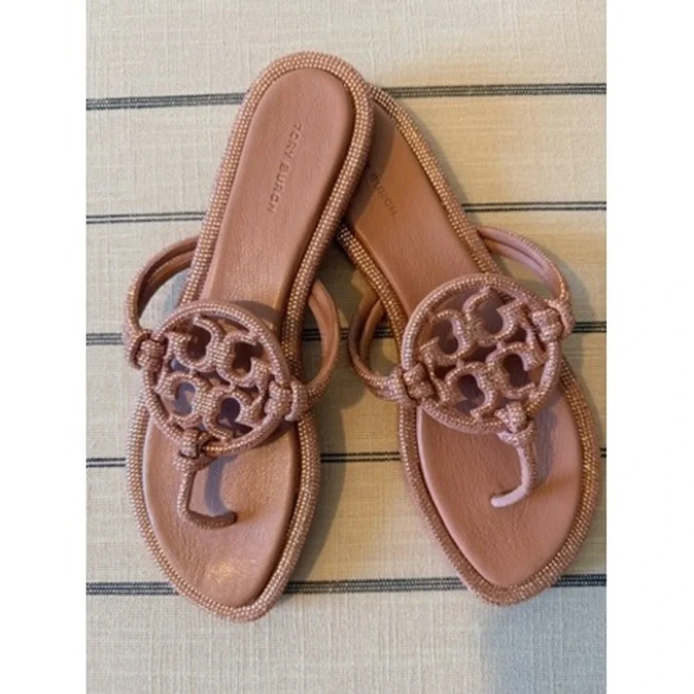 Authentic Tory Burch Miller Crystal Sandals Rose Gold Pink Embellished Flat 9.5M